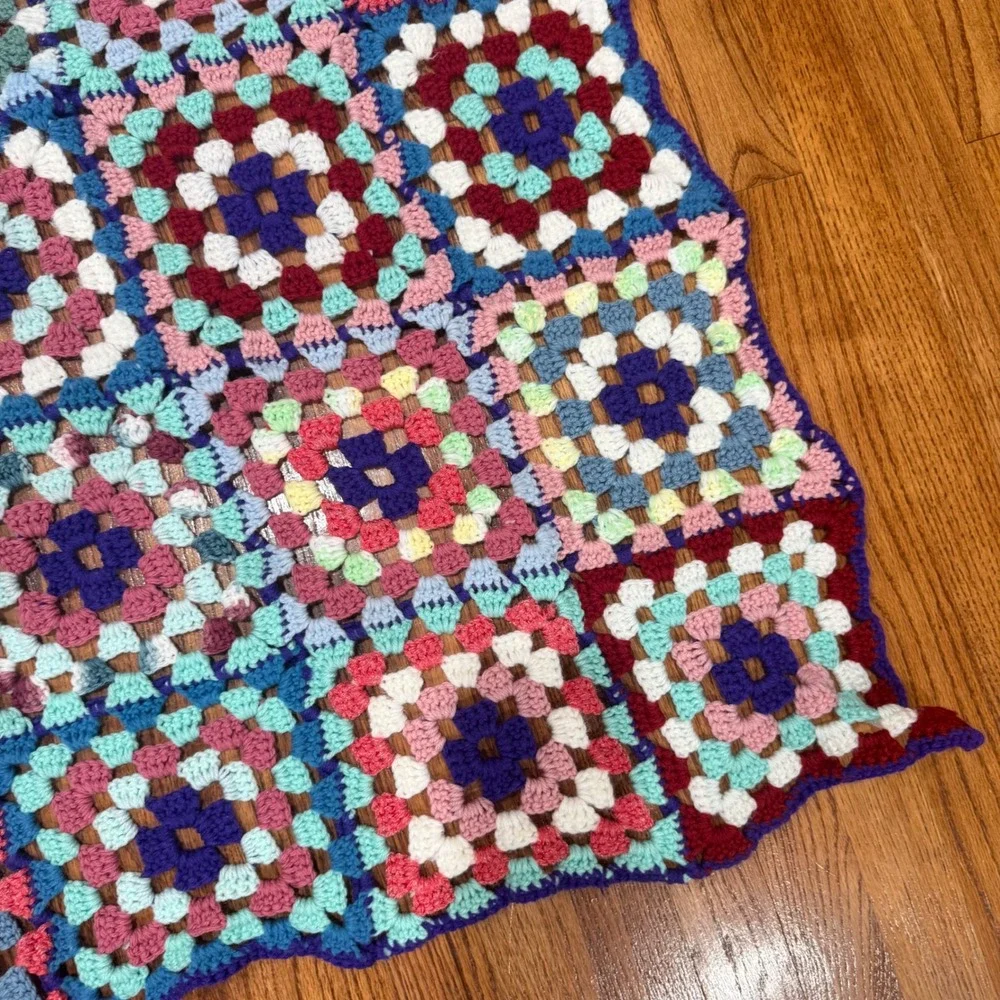 Vintage Granny Square Crochet Blanket Handmade Afghan Boho Throw Cottagecore 70s